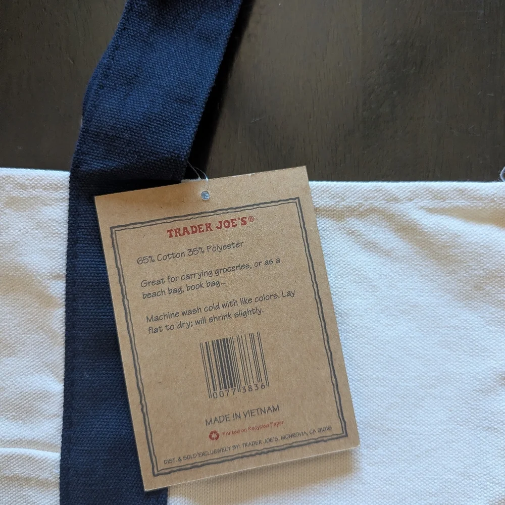 NWT Trader Joe's Blue Straps Large Canvas Tote Bag - Picture 3 of 3